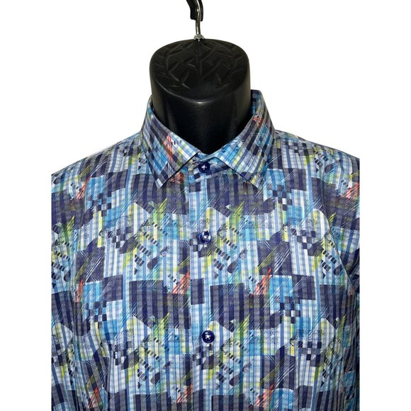 Luciano Visconti Mens Blue Geometric Long Sleeve Button-Up Shirt L 67% Cotton/33 - Picture 9 of 12